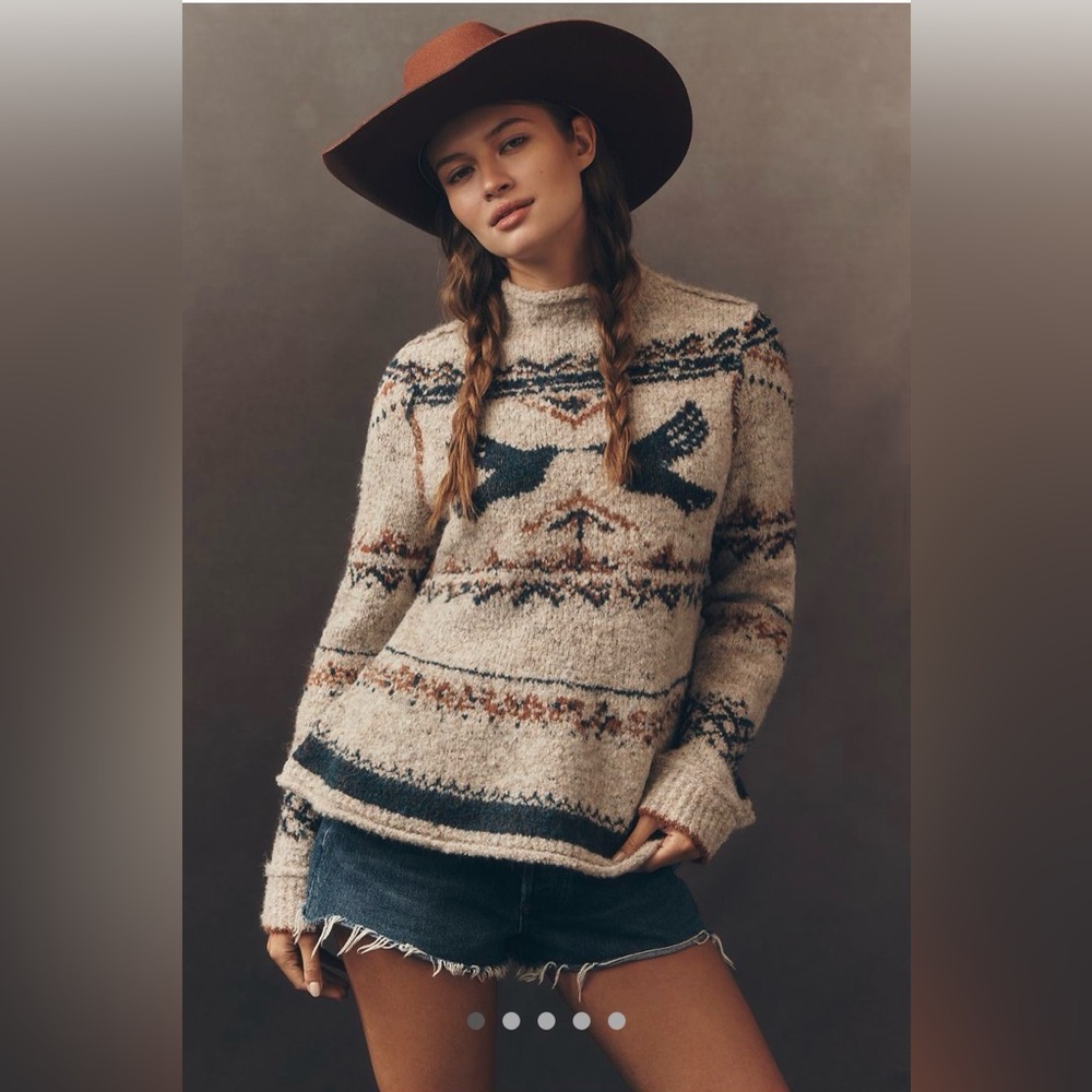 Anthropologie Pilcro Mock Neck Bird Sweater Wool Blend Long Sleeve Small NEW